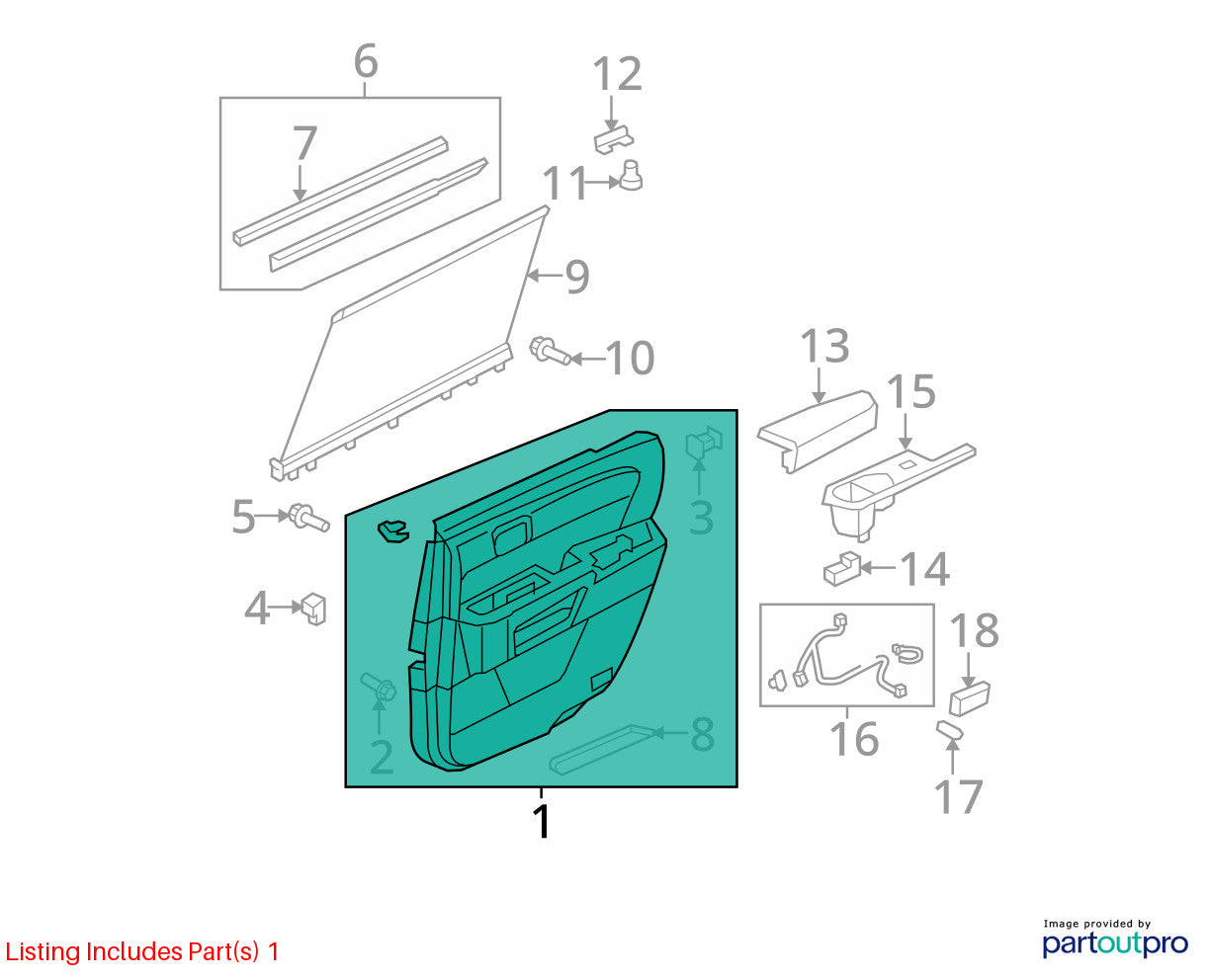 2009-2011 Honda Pilot Touring Left Rear Complete Door Panel with Shade OEM