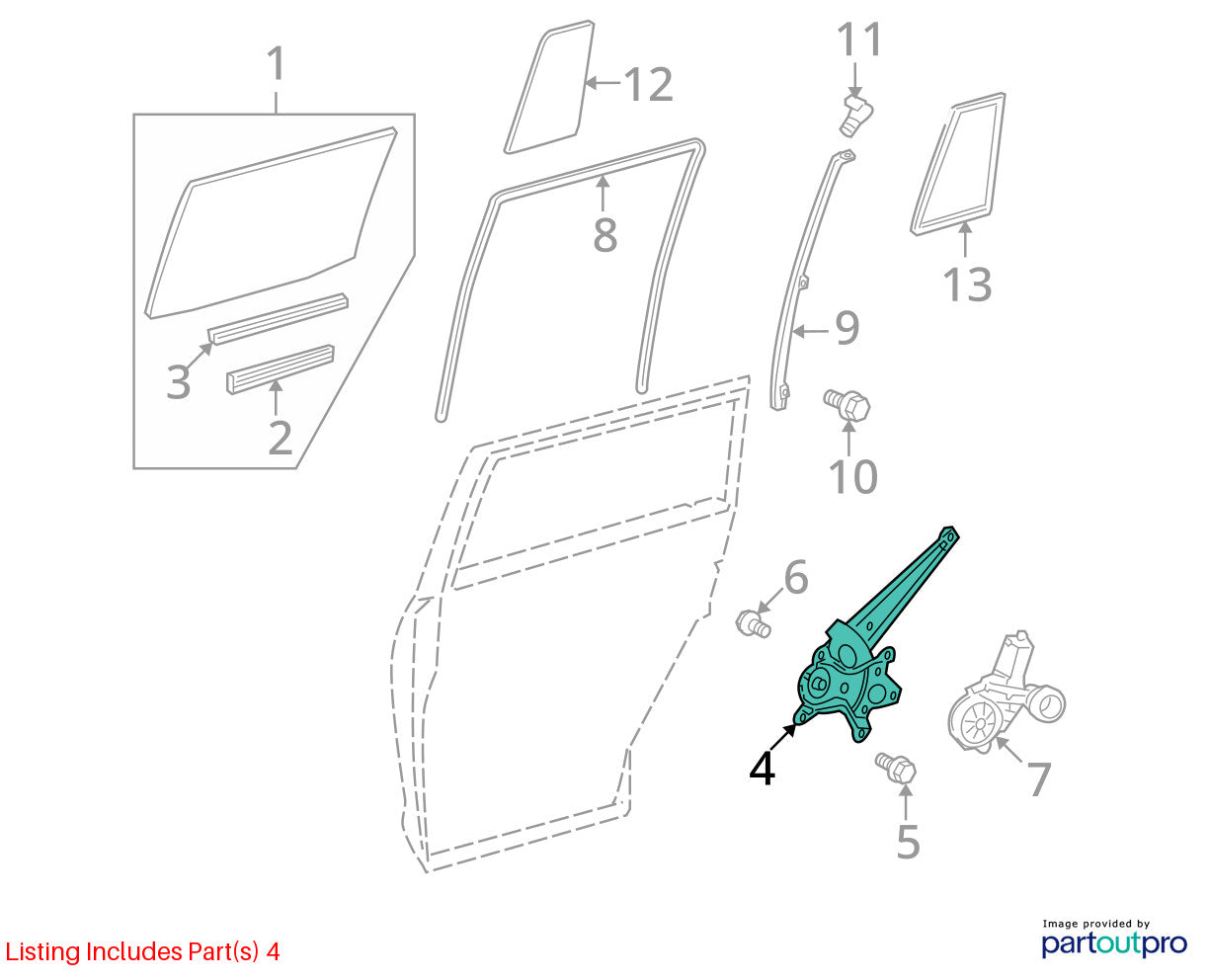 2008-2013 Toyota Highlander Window Regulator and Motor Right Rear OEM