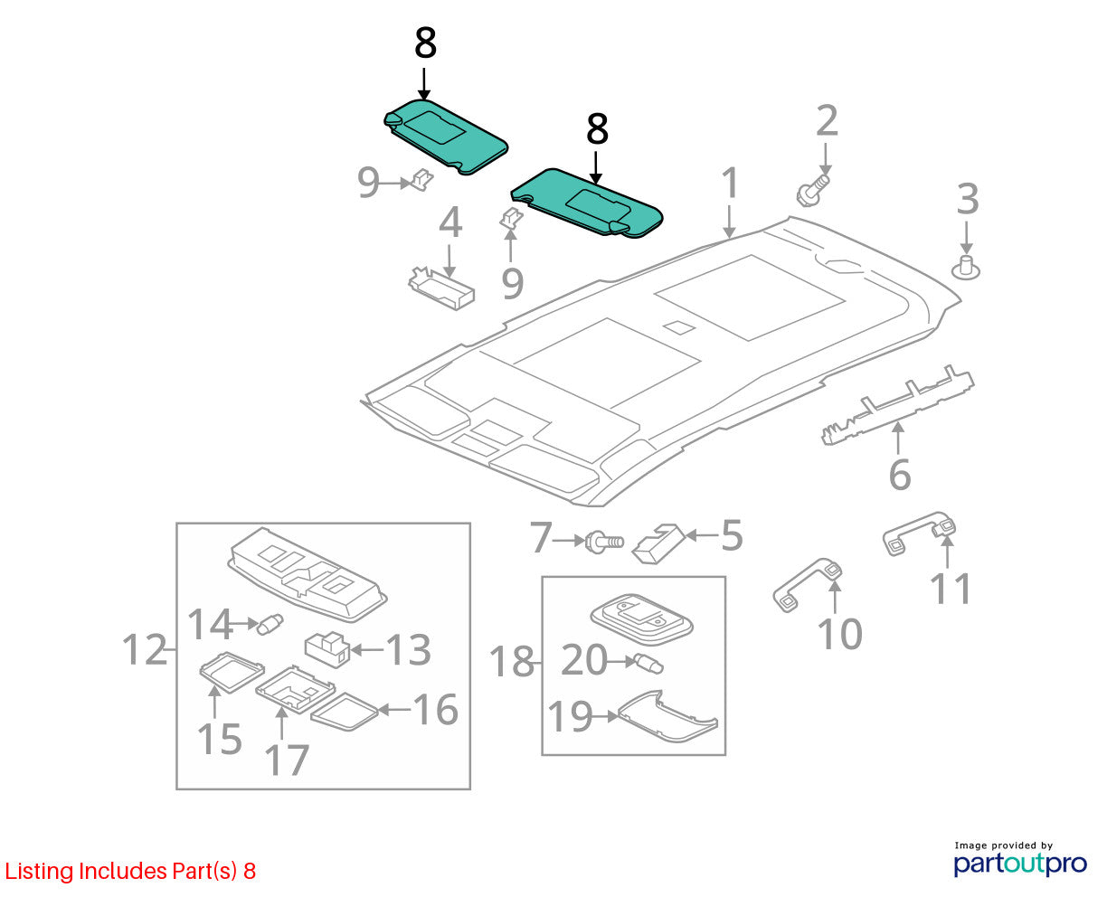 07-09 Mitsubishi Outlander Right Passenger Side Sun Visor Gray OEM 7620A054HA