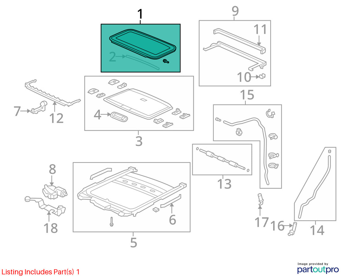 09-15 Honda Pilot Touring Sunroof Moonroof Roof Window Glass OEM 70200-SZA-A02