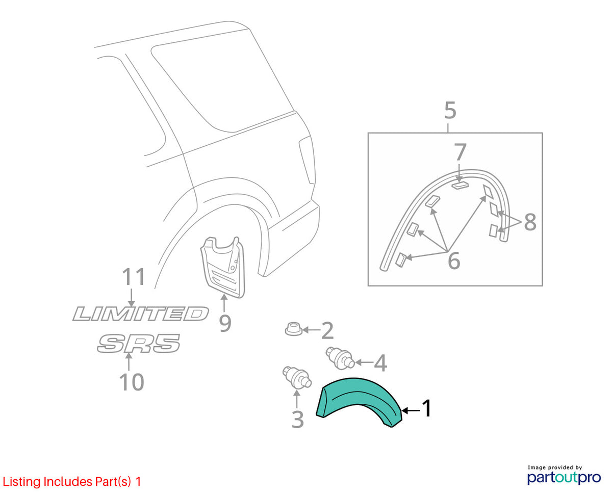 04-07 Toyota Sequoia Rear Left Driver Side QUARTER PANEL Molding OEM 75654-0C901